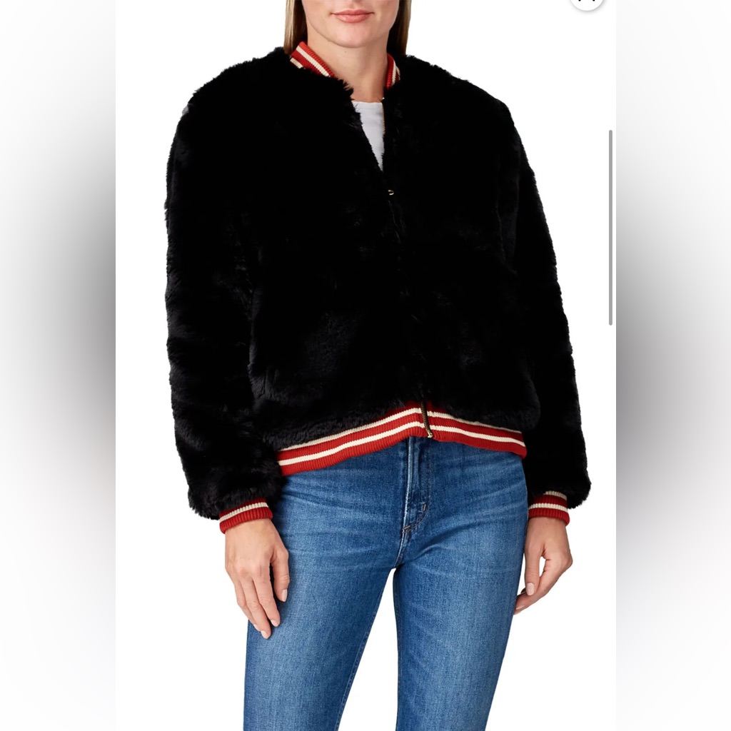 Cleobella Maddox Faux Fur Bomber Jacket Black Red Xs Gameday Glam Sporty Chic